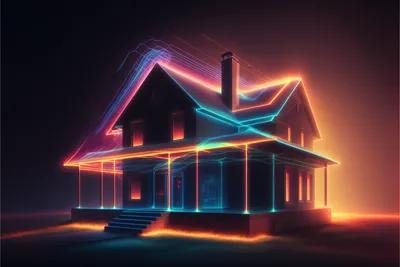 Búið til í gegnum Midjourney með textanum: digital representation of a house using lines of light, home security protection aura, single lines, impactful, colorful, reallistic, octane rendering --v 4 --ar 3:2