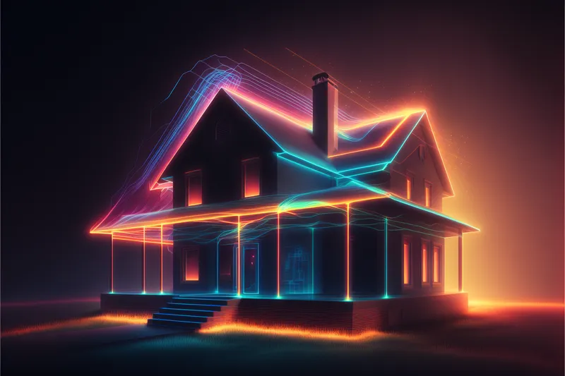 Erzeugt durch Midjourney mit dem Text: digital representation of a house using lines of light, home security protection aura, single lines, impactful, colorful, reallistic, octane rendering --v 4 --ar 3:2