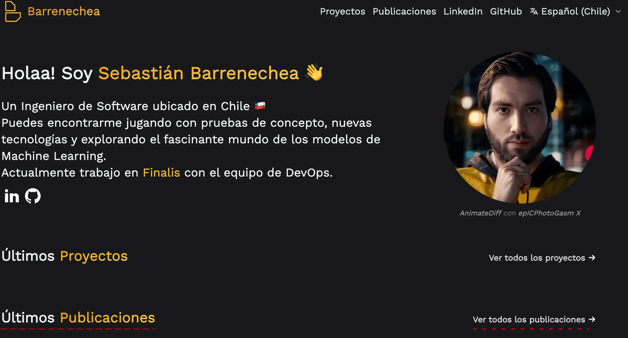 Screenshot of the homepage with Spanish texts 'Últimos Publicaciones' and 'Ver todos los publicaciones', incorrectly translated