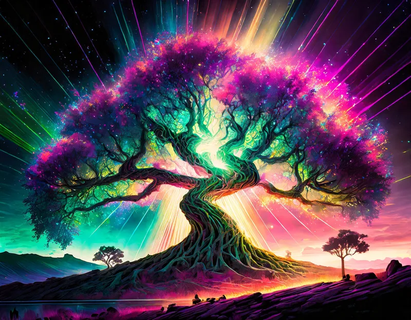 Imagem gerada por Firefly Image 2 com o texto: award winning art, a branched tree made of light rays and energy, dramatic, impactful, colorful, high definition, 4k uhd