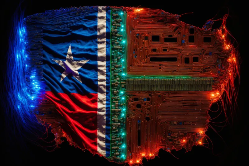 Generado a través de Midjourney con el texto: A chilean flag made of fiber optics, tech concept art, chile, high definition, detailed, realistic, colorful, hopeful --v 4 --ar 3:2