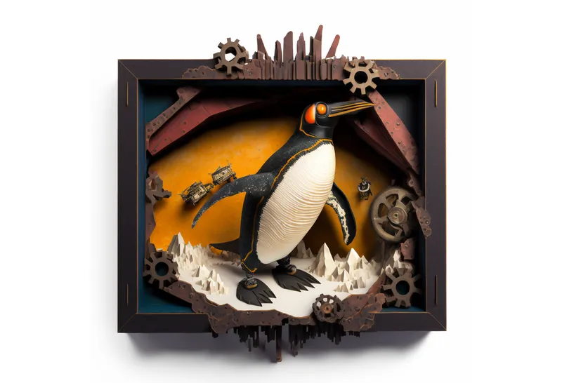 Generado a través de Midjourney con el texto: Linux penguin playing with a crab from the Rust programming language, antarctica, layered paper art, diorama, shadowbox, volumetric lighting --v 4