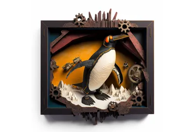 Generated through Midjourney with the text: Linux penguin playing with a crab from the Rust programming language, antarctica, layered paper art, diorama, shadowbox, volumetric lighting --v 4