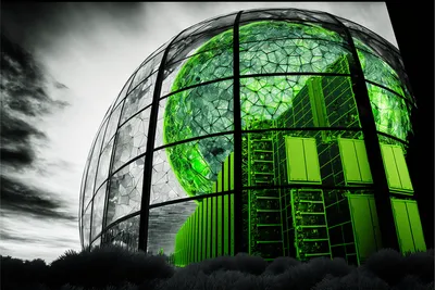 Gerado através do Midjourney com o texto: Green Nvidia datacenter inside a glass biosphere emitting gray gas, impactful, colorful, reallistic, canon lens, high detail --v 4 --ar 3:2