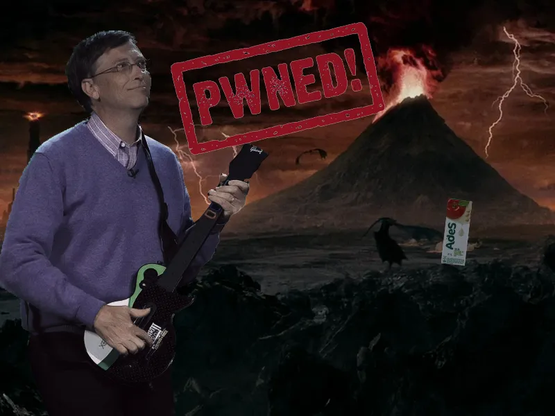 A composition of Bill Gates playing Guitar Hero in Mordor after being pwned by AdeS juice