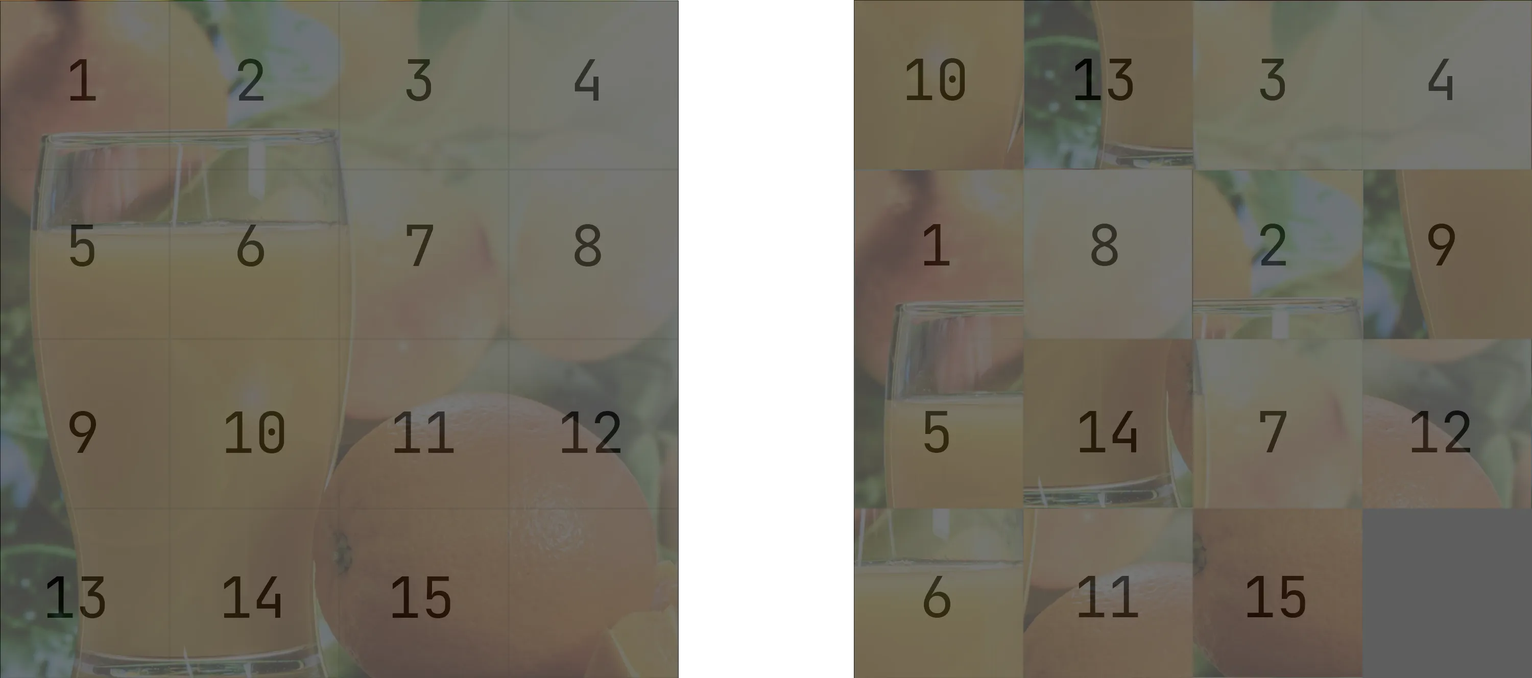 two puzzles side by side, the solution on the left and a scrambled version on the right, with numbers superimposed